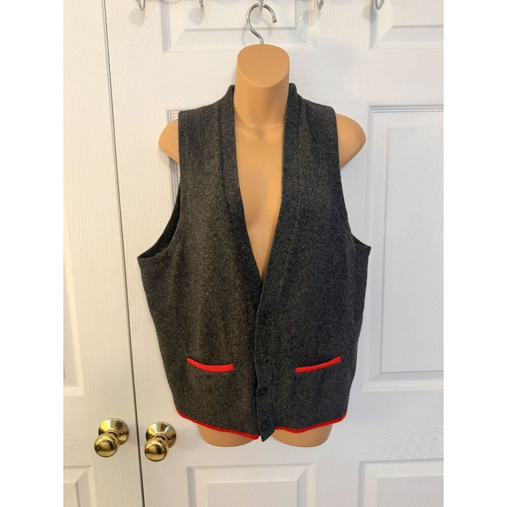Vintage Highland Mens Grandpa Wool Sweater Vest Gray with Red Trim M